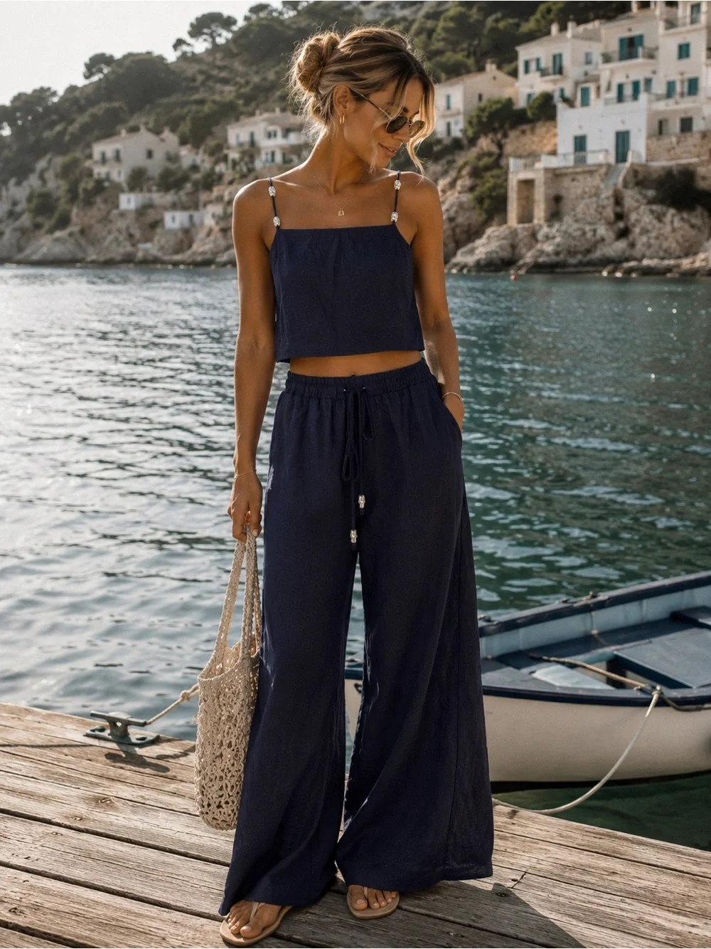 Paper Heart Anthropologie Navy Linen Beaded Cami Pants Set XS NWT